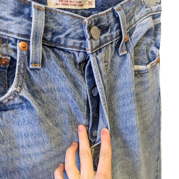 Levi's Ribcage Split Flare Jeans Embroidered Pocket High Waisted Button Fly - 25 - Picture 7 of 10